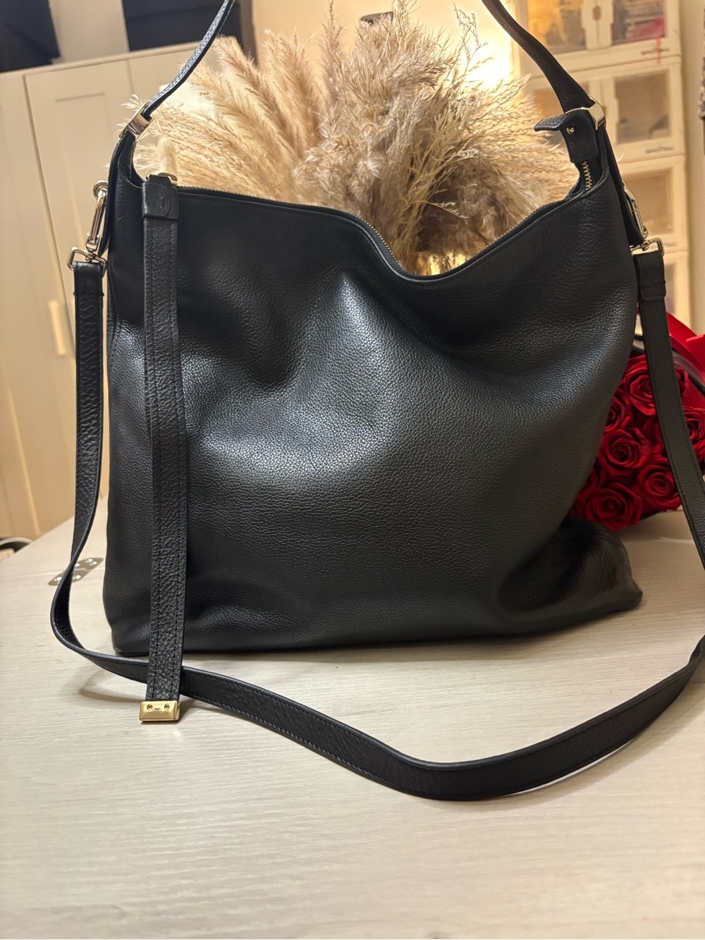 Furla Black Pebbled Leather Shoulder Bag with Gold Accents
